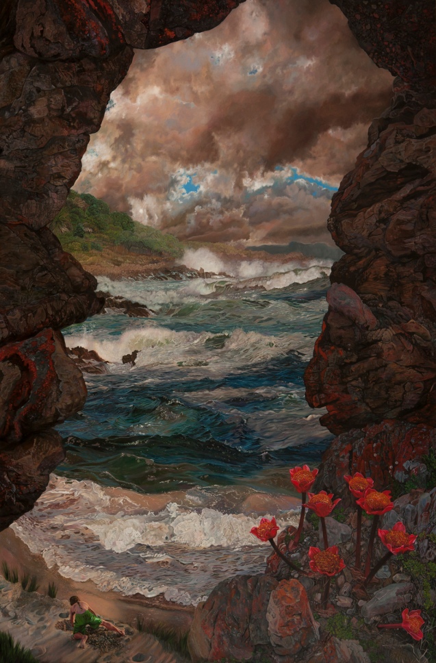 055K5924 Seascape with Red Flowers
